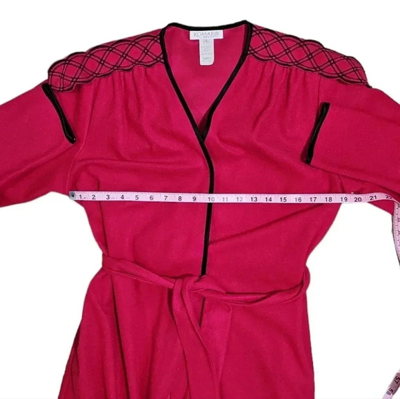 Komar Womens Vintage 1980s Red Long Robe Black Trim Glam Power Lounge Sash Tie - Picture 8 of 8